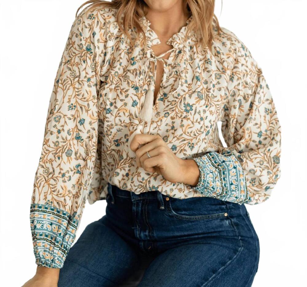 NEW ELAN long sleeve floral blouse in blue whimsy print